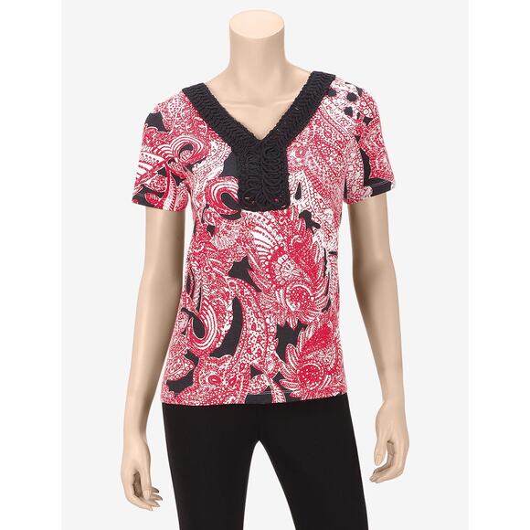 Rebecca Malone Women's Petite Crochet Paisley Print Top Red Size PL NWT - Picture 1 of 8